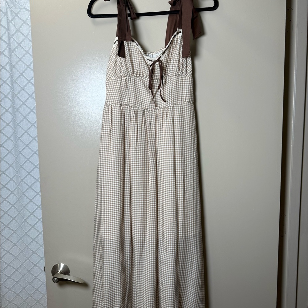 Blu Pepper Cream and Brown Gingham Maxi Dress